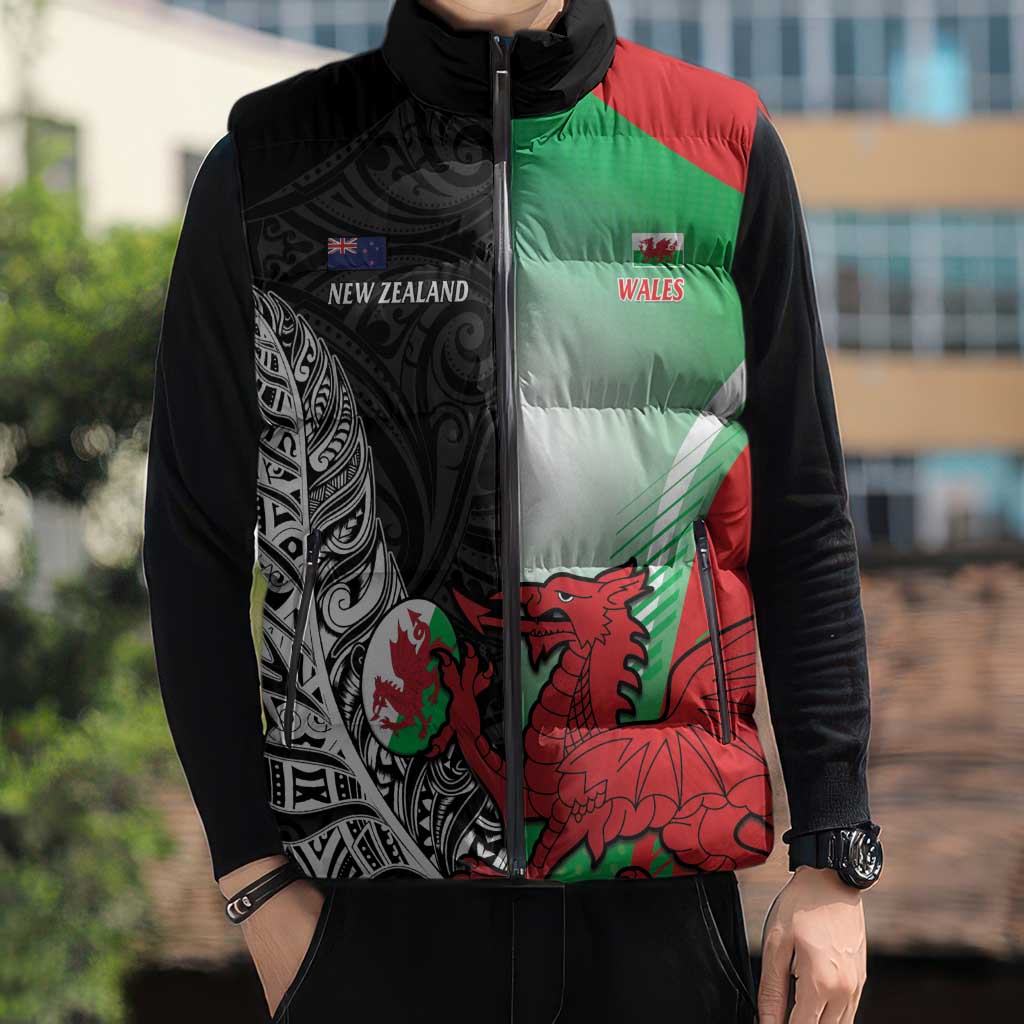 New Zealand and Wales Rugby Custom Sleeveless Puffer Jacket Aotearoa All Black Combine Welsh Dragon - Wonder Print Shop