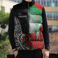 New Zealand and Wales Rugby Custom Sleeveless Puffer Jacket Aotearoa All Black Combine Welsh Dragon - Wonder Print Shop