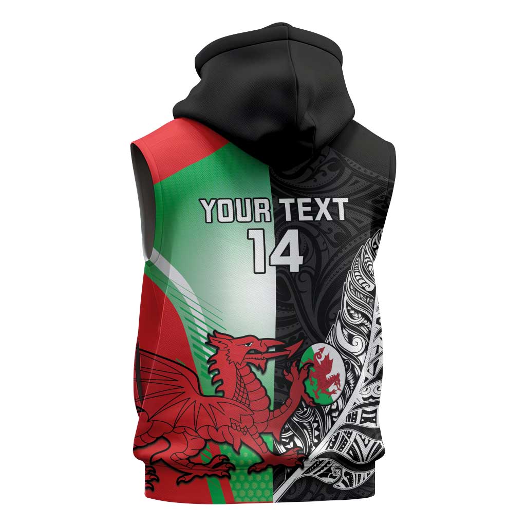 New Zealand and Wales Rugby Custom Sleeveless Zip Hoodie Aotearoa All Black Combine Welsh Dragon - Wonder Print Shop
