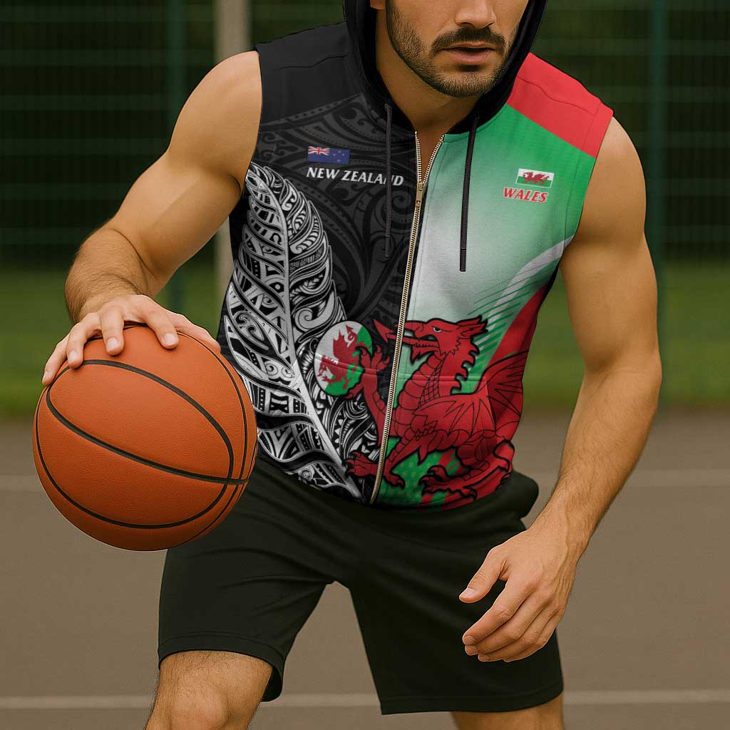 New Zealand and Wales Rugby Custom Sleeveless Zip Hoodie Aotearoa All Black Combine Welsh Dragon - Wonder Print Shop