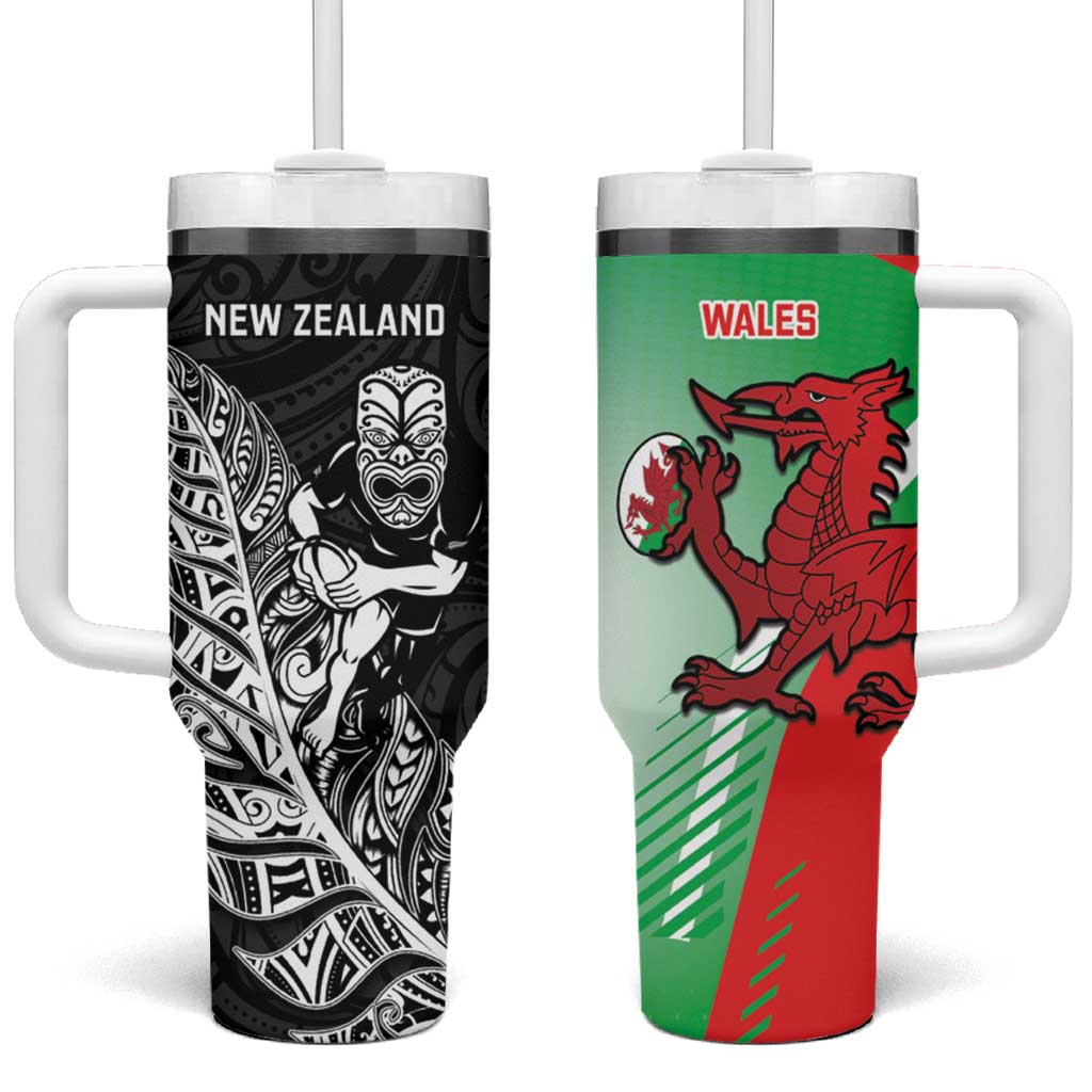 New Zealand and Wales Rugby Custom Tumbler With Handle Aotearoa All Black Combine Welsh Dragon - Wonder Print Shop