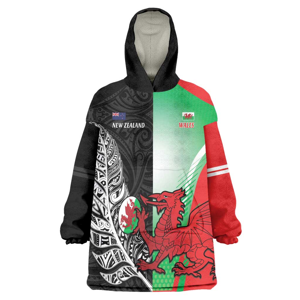 New Zealand and Wales Rugby Custom Wearable Blanket Hoodie Aotearoa All Black Combine Welsh Dragon - Wonder Print Shop