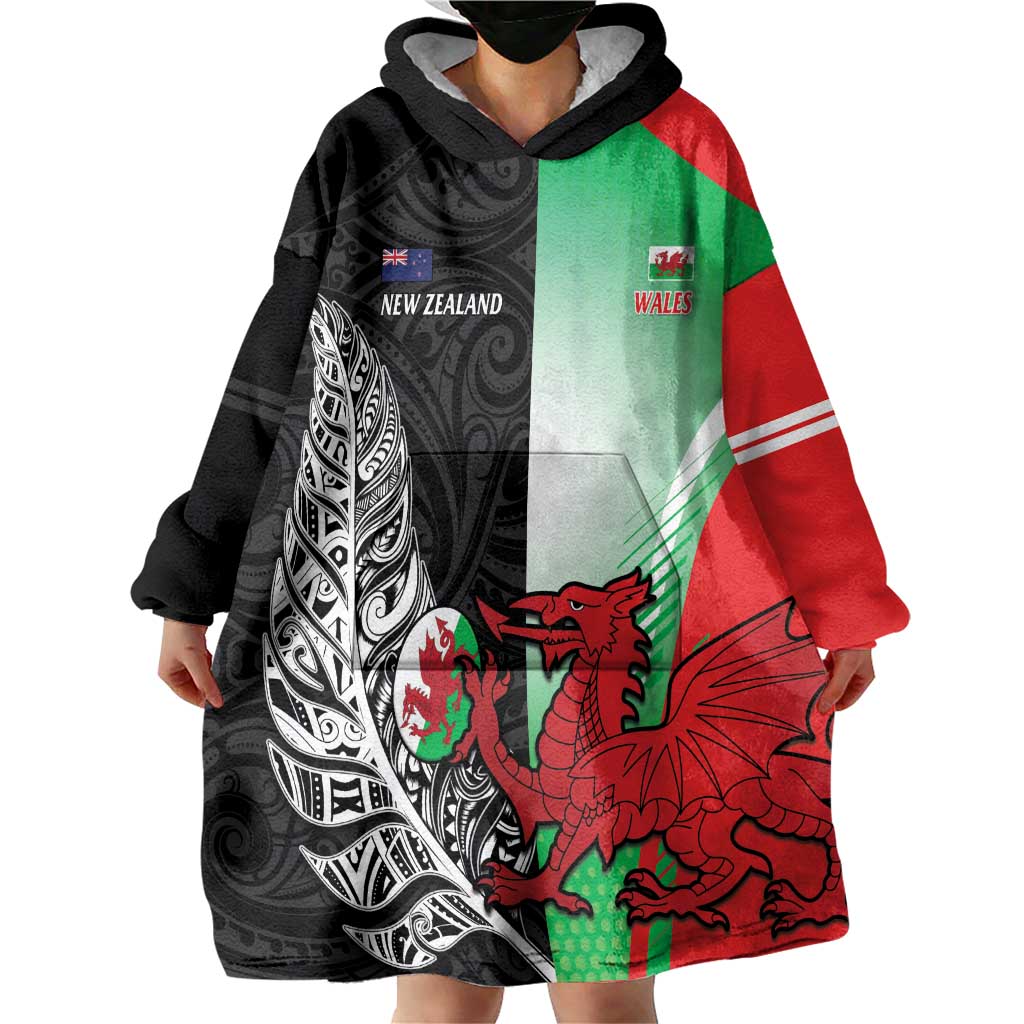New Zealand and Wales Rugby Custom Wearable Blanket Hoodie Aotearoa All Black Combine Welsh Dragon - Wonder Print Shop
