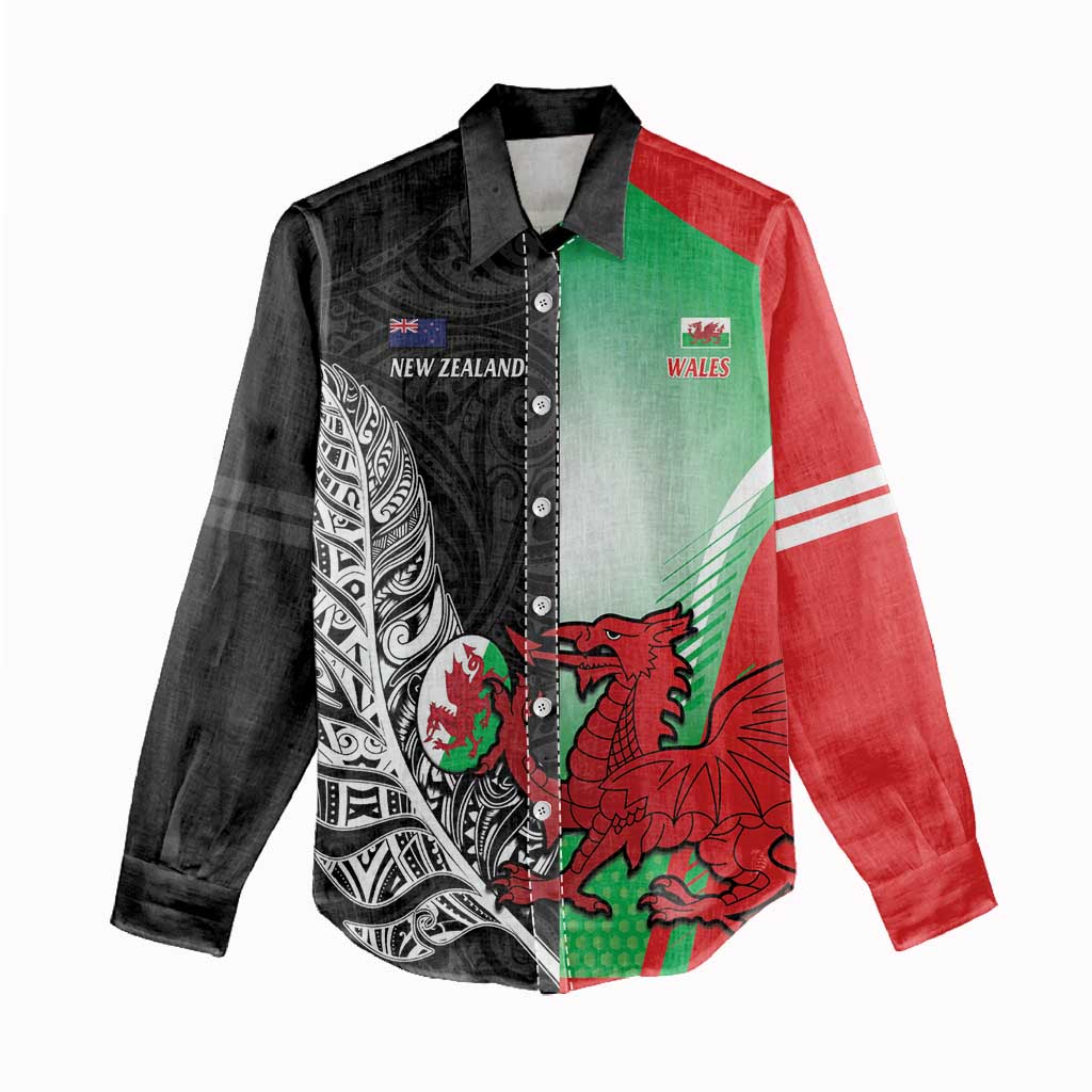 New Zealand and Wales Rugby Custom Women Casual Shirt Aotearoa All Black Combine Welsh Dragon - Wonder Print Shop