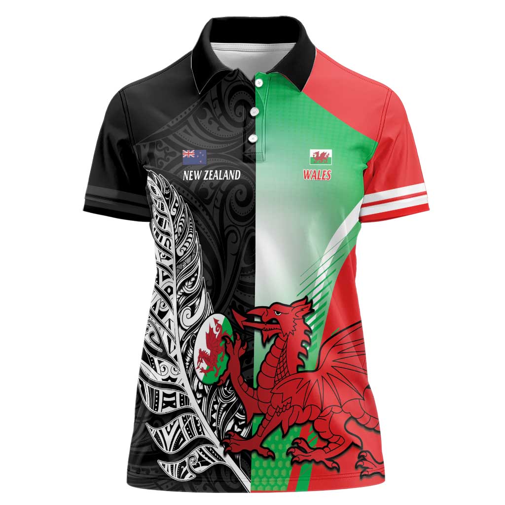 New Zealand and Wales Rugby Custom Women Polo Shirt Aotearoa All Black Combine Welsh Dragon - Wonder Print Shop