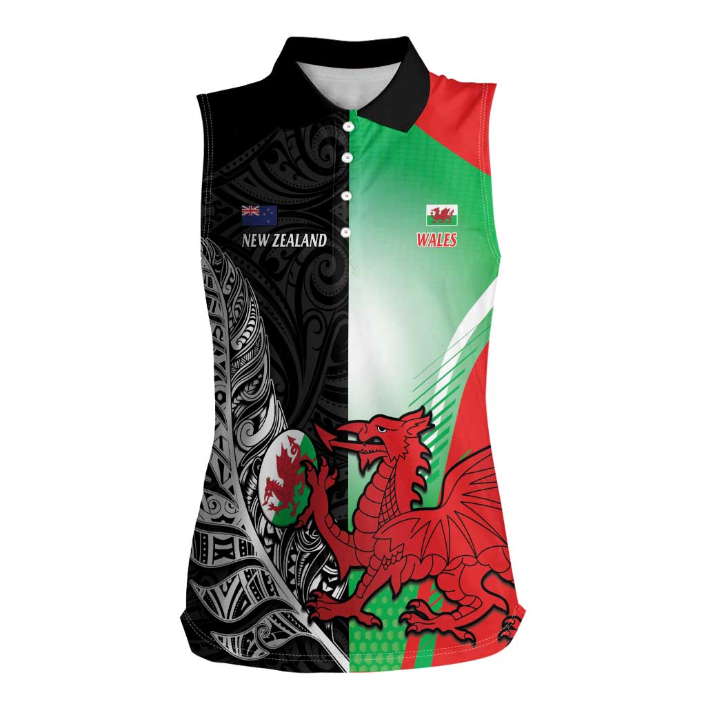 New Zealand and Wales Rugby Custom Women Sleeveless Polo Shirt Aotearoa All Black Combine Welsh Dragon - Wonder Print Shop