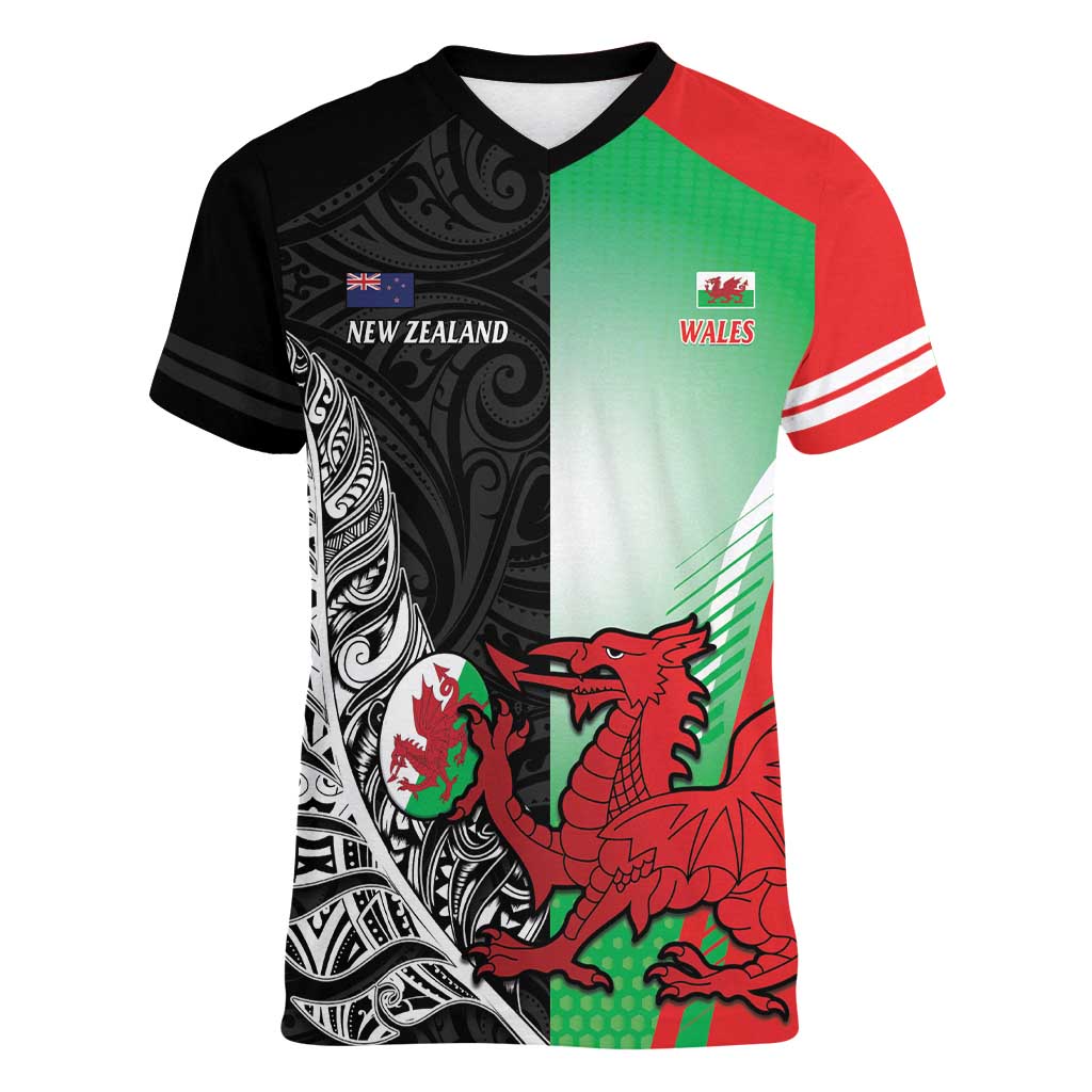 New Zealand and Wales Rugby Custom Women V-Neck T-Shirt Aotearoa All Black Combine Welsh Dragon - Wonder Print Shop