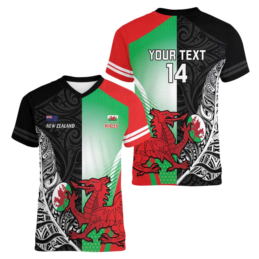 New Zealand and Wales Rugby Custom Women V-Neck T-Shirt Aotearoa All Black Combine Welsh Dragon - Wonder Print Shop