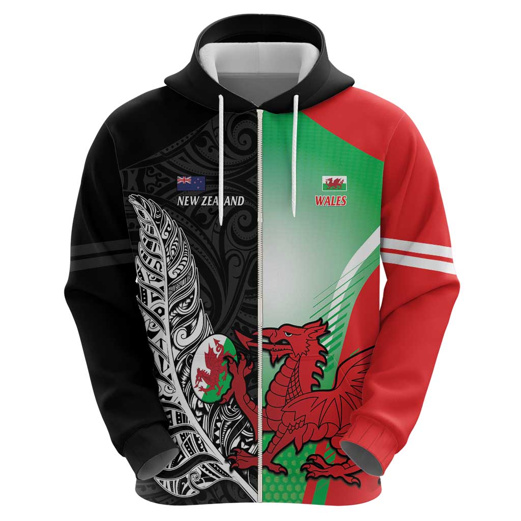 New Zealand and Wales Rugby Custom Zip Hoodie Aotearoa All Black Combine Welsh Dragon - Wonder Print Shop