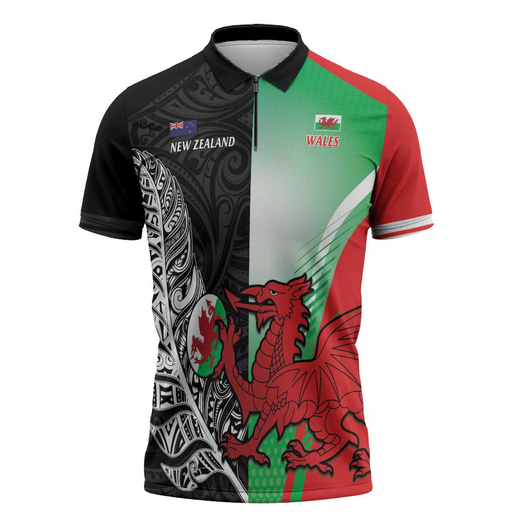 New Zealand and Wales Rugby Custom Zipper Polo Shirt Aotearoa All Black Combine Welsh Dragon - Wonder Print Shop