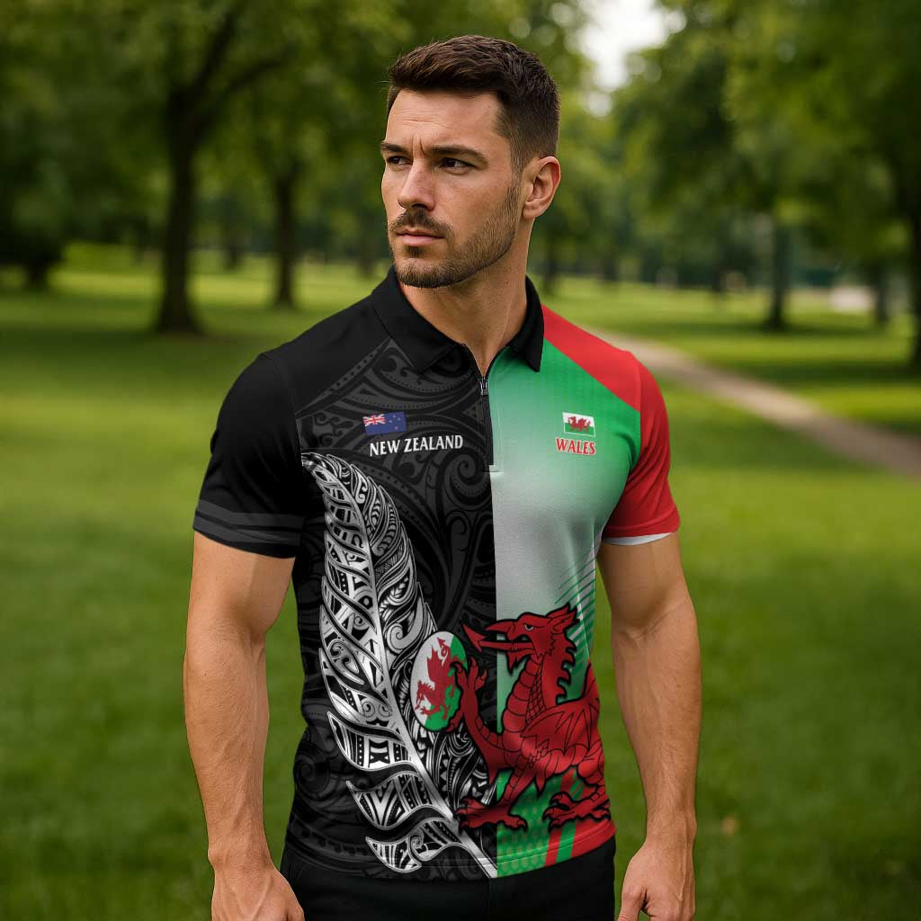 New Zealand and Wales Rugby Custom Zipper Polo Shirt Aotearoa All Black Combine Welsh Dragon - Wonder Print Shop