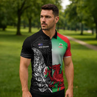 New Zealand and Wales Rugby Custom Zipper Polo Shirt Aotearoa All Black Combine Welsh Dragon - Wonder Print Shop