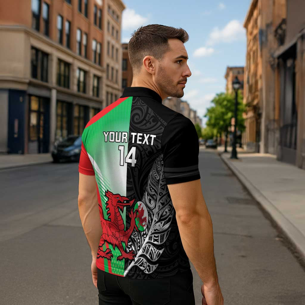 New Zealand and Wales Rugby Custom Zipper Polo Shirt Aotearoa All Black Combine Welsh Dragon - Wonder Print Shop
