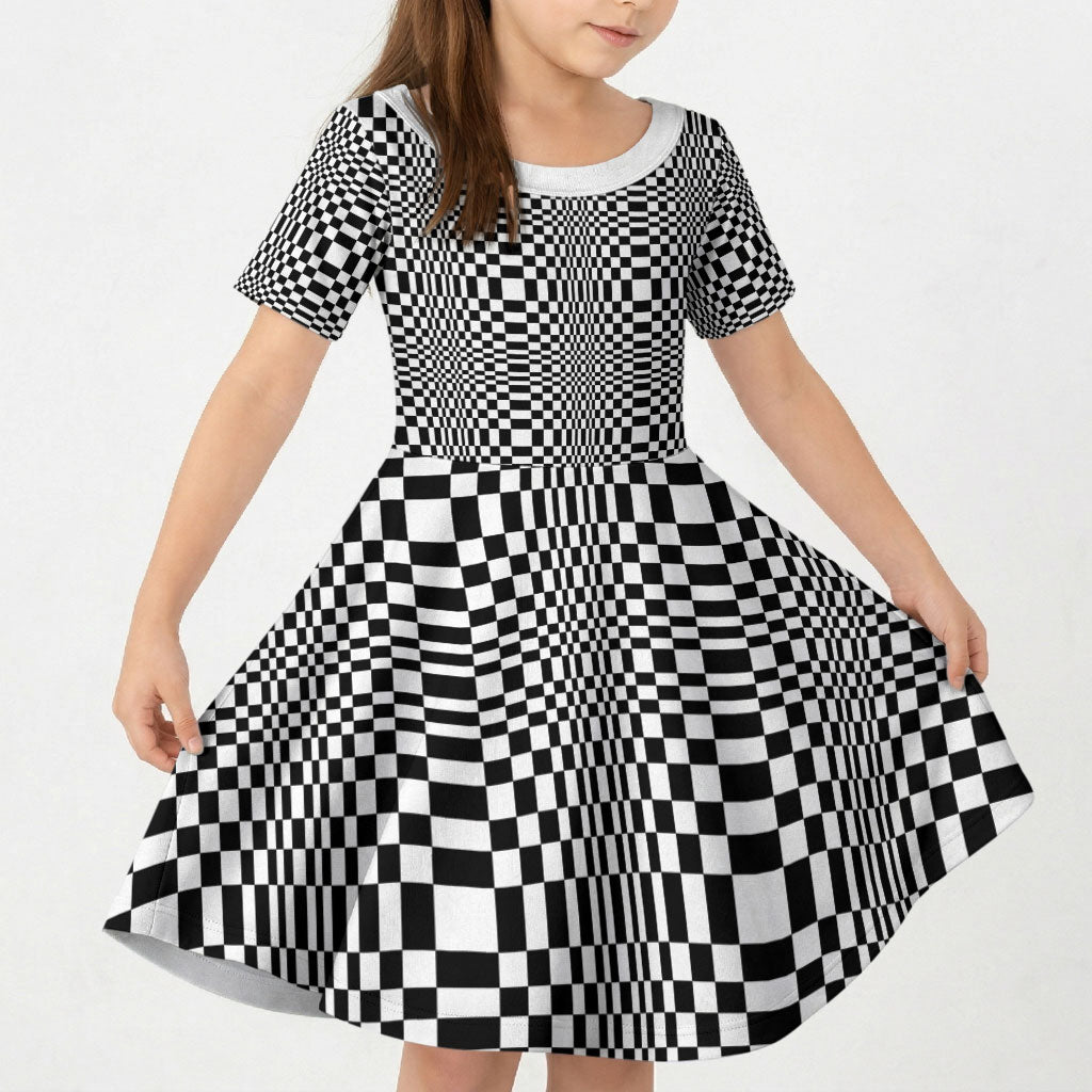 Black White Filipino Binakol Motifs Kid Short Sleeve Dress Mabuhay Philippines Festival Kusikus Pattern