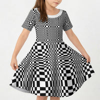 Black White Filipino Binakol Motifs Kid Short Sleeve Dress Mabuhay Philippines Festival Kusikus Pattern