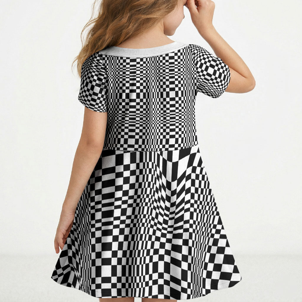Black White Filipino Binakol Motifs Kid Short Sleeve Dress Mabuhay Philippines Festival Kusikus Pattern