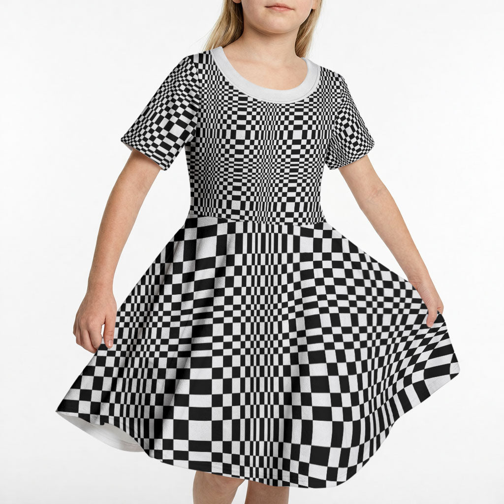 Black White Filipino Binakol Motifs Kid Short Sleeve Dress Mabuhay Philippines Festival Kusikus Pattern
