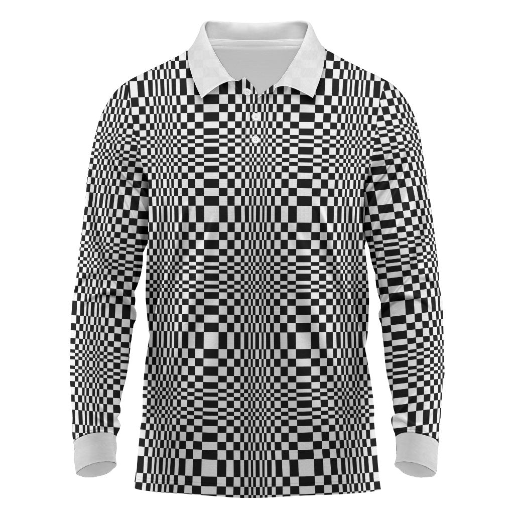 Black White Filipino Binakol Motifs Long Sleeve Polo Shirt Mabuhay Philippines Festival Kusikus Pattern