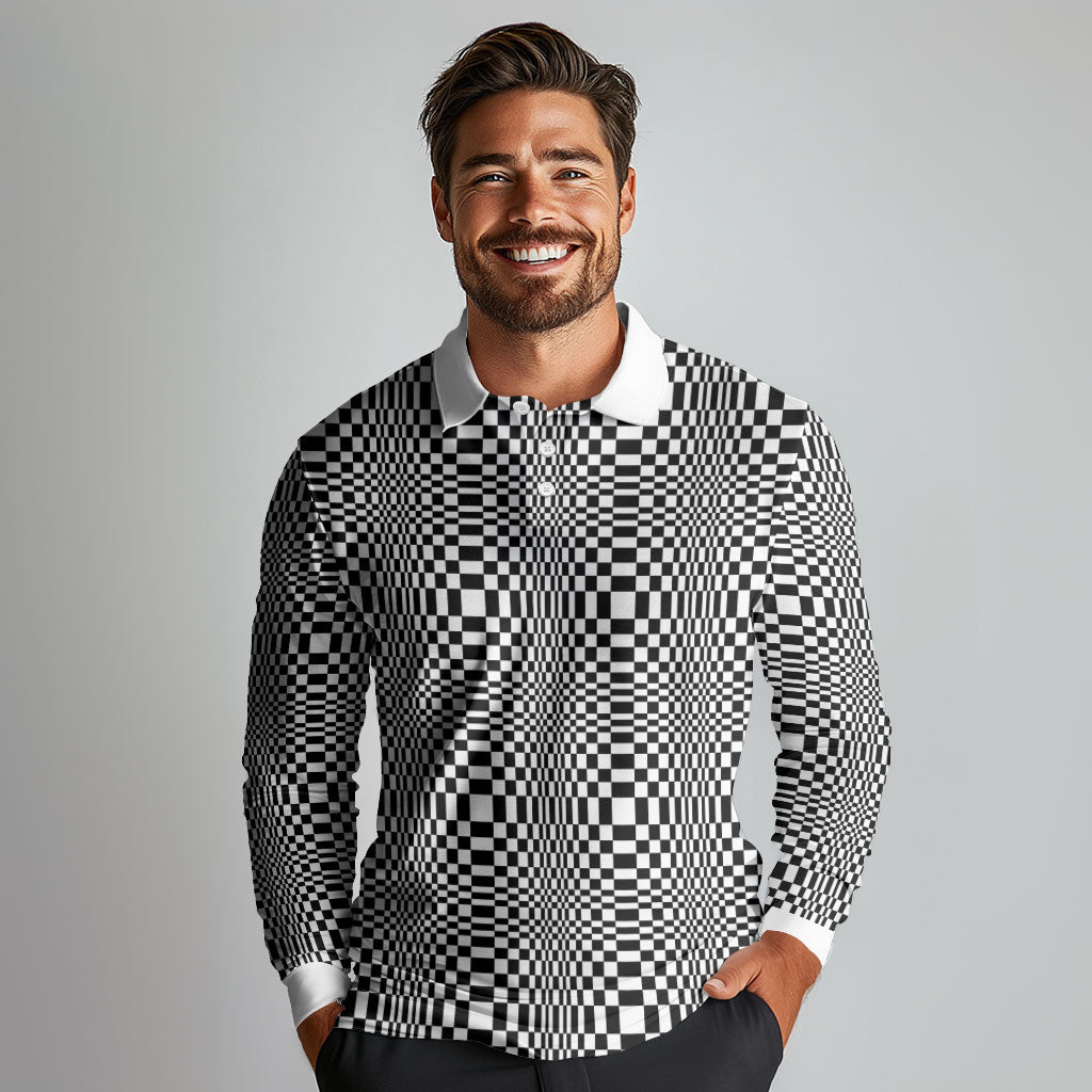 Black White Filipino Binakol Motifs Long Sleeve Polo Shirt Mabuhay Philippines Festival Kusikus Pattern