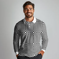 Black White Filipino Binakol Motifs Long Sleeve Polo Shirt Mabuhay Philippines Festival Kusikus Pattern