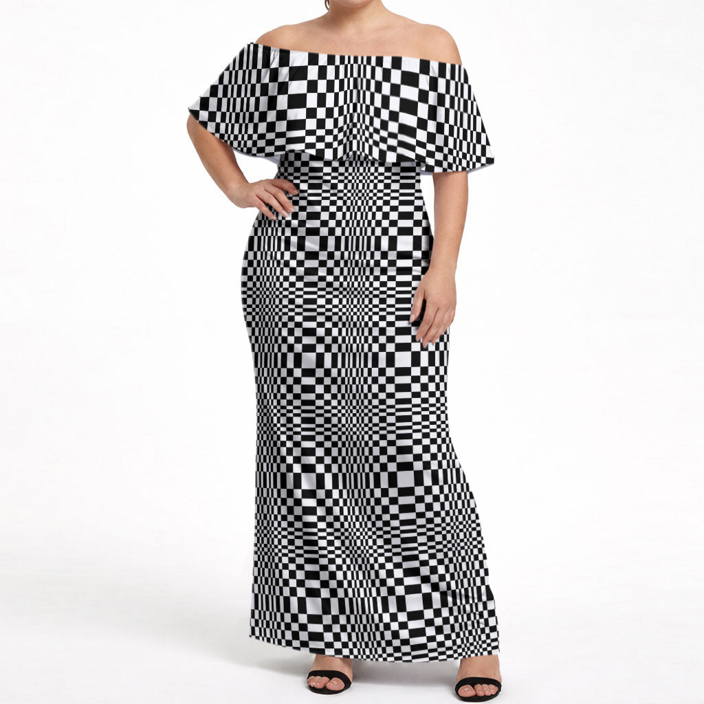 Black White Filipino Binakol Motifs Off Shoulder Maxi Dress Mabuhay Philippines Festival Kusikus Pattern