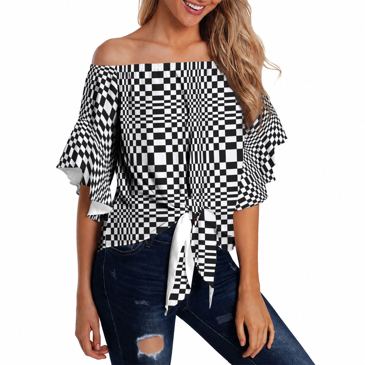 Black White Filipino Binakol Motifs Off Shoulder Wrap Waist Top Mabuhay Philippines Festival Kusikus Pattern