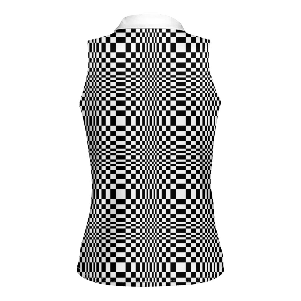 Black White Filipino Binakol Motifs Women Sleeveless Polo Shirt Mabuhay Philippines Festival Kusikus Pattern