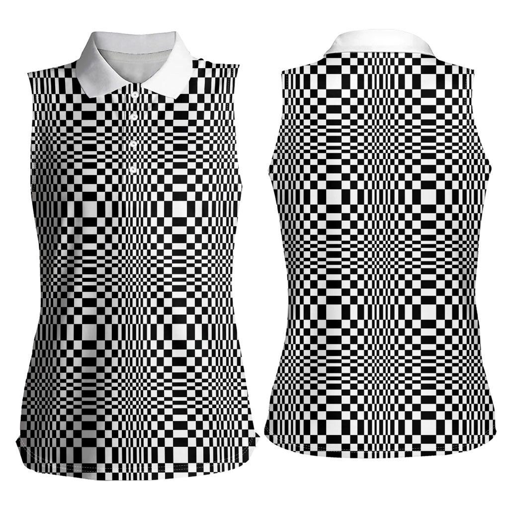 Black White Filipino Binakol Motifs Women Sleeveless Polo Shirt Mabuhay Philippines Festival Kusikus Pattern