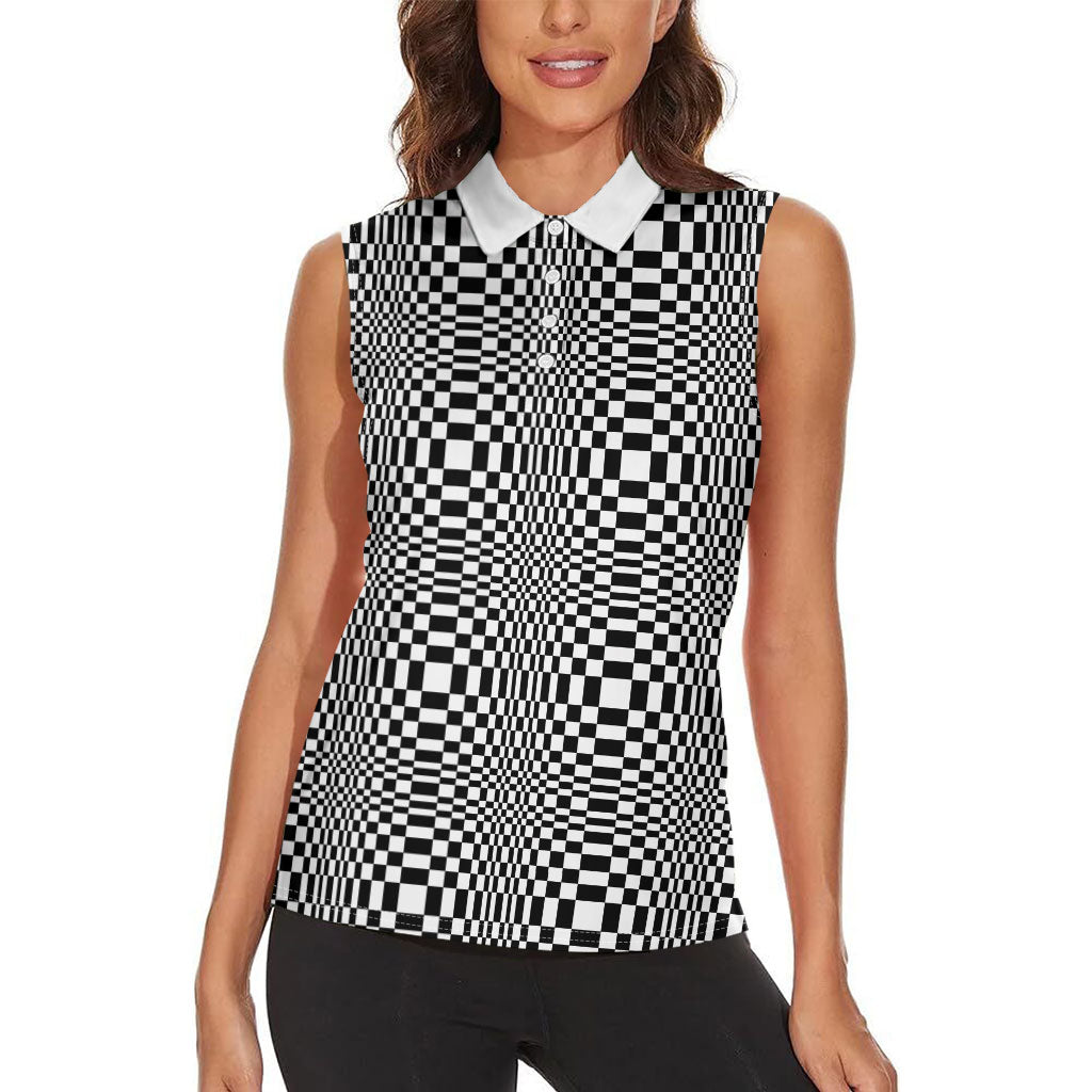 Black White Filipino Binakol Motifs Women Sleeveless Polo Shirt Mabuhay Philippines Festival Kusikus Pattern