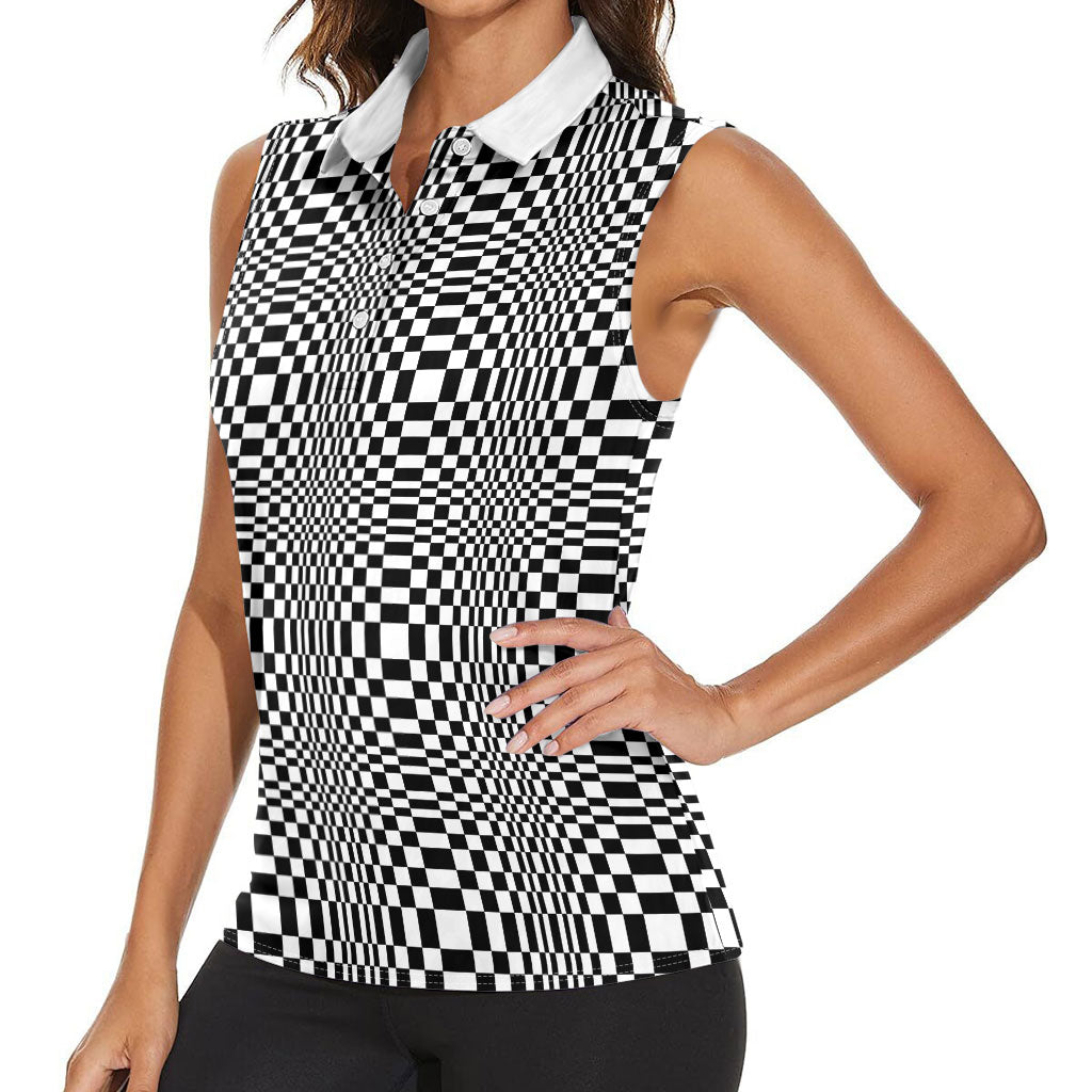 Black White Filipino Binakol Motifs Women Sleeveless Polo Shirt Mabuhay Philippines Festival Kusikus Pattern