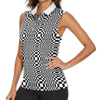 Black White Filipino Binakol Motifs Women Sleeveless Polo Shirt Mabuhay Philippines Festival Kusikus Pattern