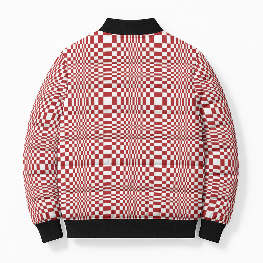 Red White Filipino Binakol Motifs Bomber Puffer Jacket Mabuhay Philippines Festival Kusikus Pattern