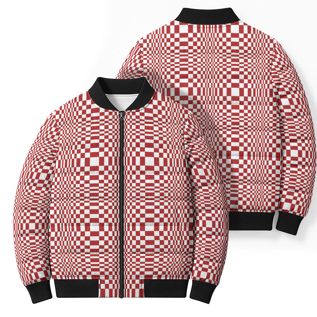 Red White Filipino Binakol Motifs Bomber Puffer Jacket Mabuhay Philippines Festival Kusikus Pattern