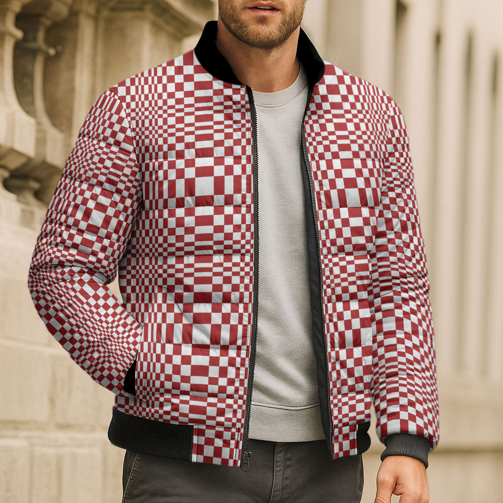 Red White Filipino Binakol Motifs Bomber Puffer Jacket Mabuhay Philippines Festival Kusikus Pattern