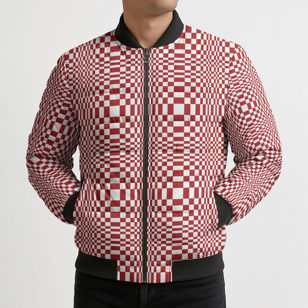 Red White Filipino Binakol Motifs Bomber Puffer Jacket Mabuhay Philippines Festival Kusikus Pattern