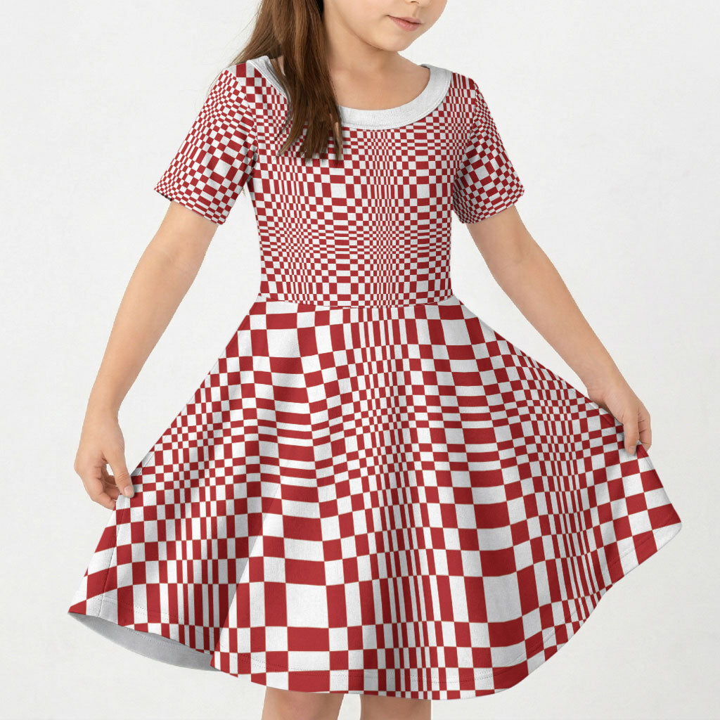 Red White Filipino Binakol Motifs Kid Short Sleeve Dress Mabuhay Philippines Festival Kusikus Pattern