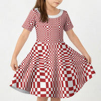 Red White Filipino Binakol Motifs Kid Short Sleeve Dress Mabuhay Philippines Festival Kusikus Pattern