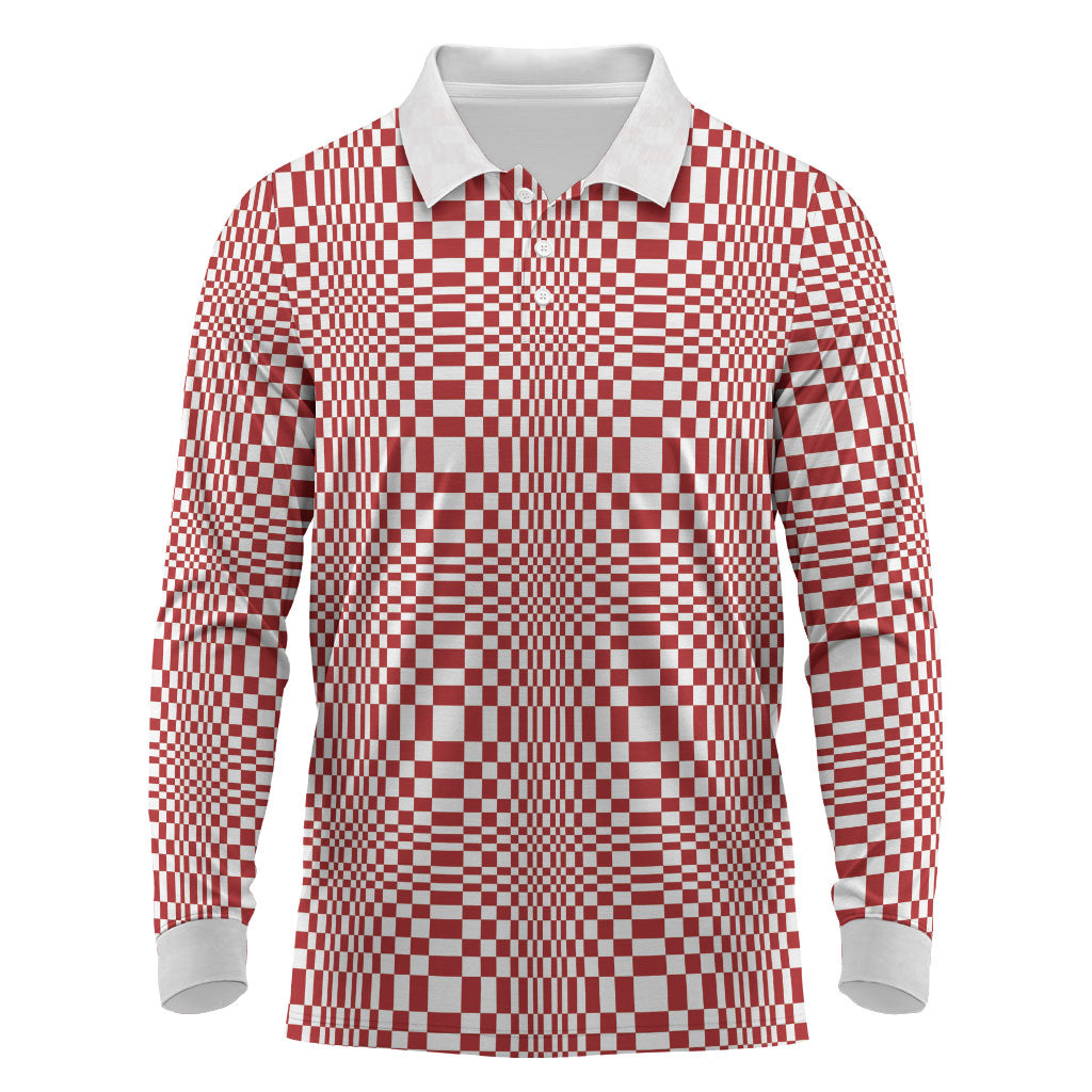Red White Filipino Binakol Motifs Long Sleeve Polo Shirt Mabuhay Philippines Festival Kusikus Pattern
