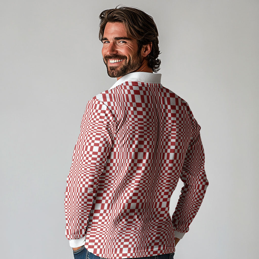 Red White Filipino Binakol Motifs Long Sleeve Polo Shirt Mabuhay Philippines Festival Kusikus Pattern