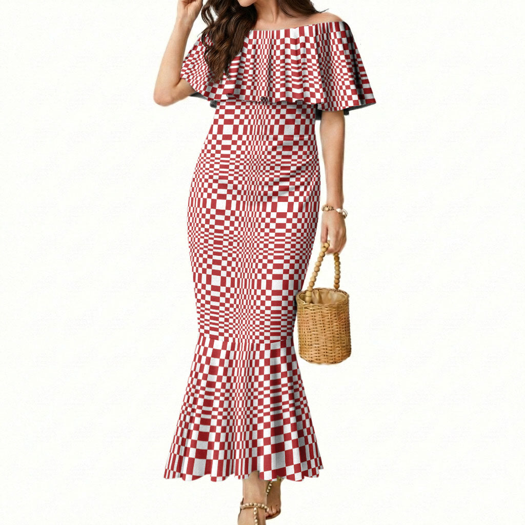 Red White Filipino Binakol Motifs Mermaid Dress Mabuhay Philippines Festival Kusikus Pattern