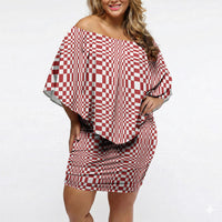 Red White Filipino Binakol Motifs Off Shoulder Short Dress Mabuhay Philippines Festival Kusikus Pattern