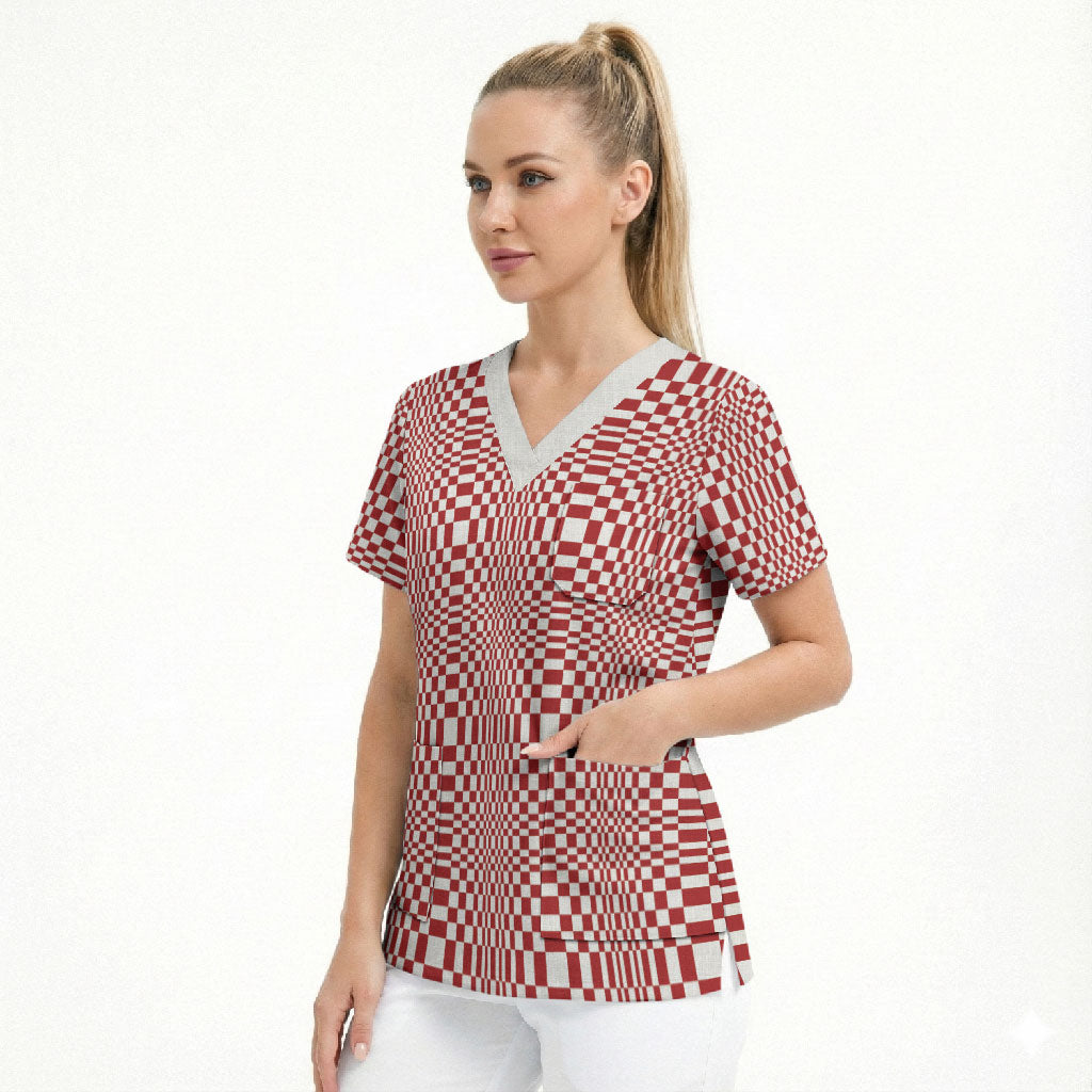 Red White Filipino Binakol Motifs Scrub Top Mabuhay Philippines Festival Kusikus Pattern