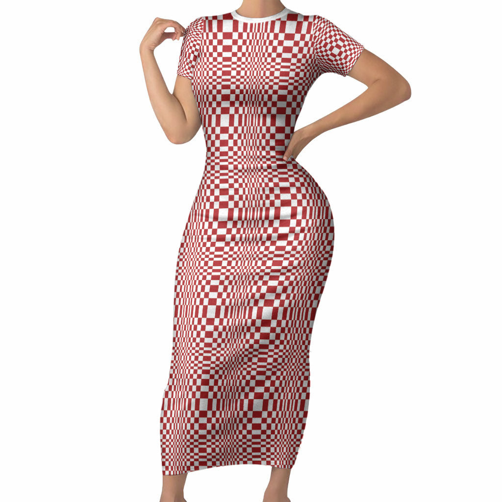 Red White Filipino Binakol Motifs Short Sleeve Bodycon Dress Mabuhay Philippines Festival Kusikus Pattern