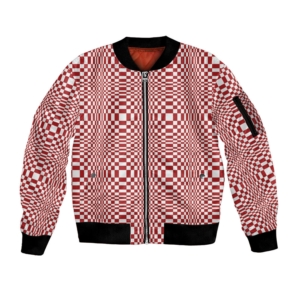 Red White Filipino Binakol Motifs Sleeve Zip Bomber Jacket Mabuhay Philippines Festival Kusikus Pattern