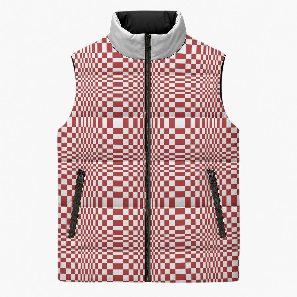 Red White Filipino Binakol Motifs Sleeveless Puffer Jacket Mabuhay Philippines Festival Kusikus Pattern