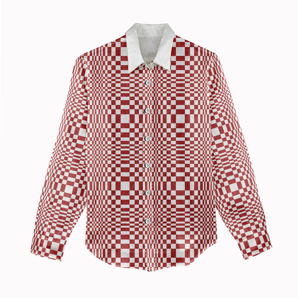 Red White Filipino Binakol Motifs Women Casual Shirt Mabuhay Philippines Festival Kusikus Pattern