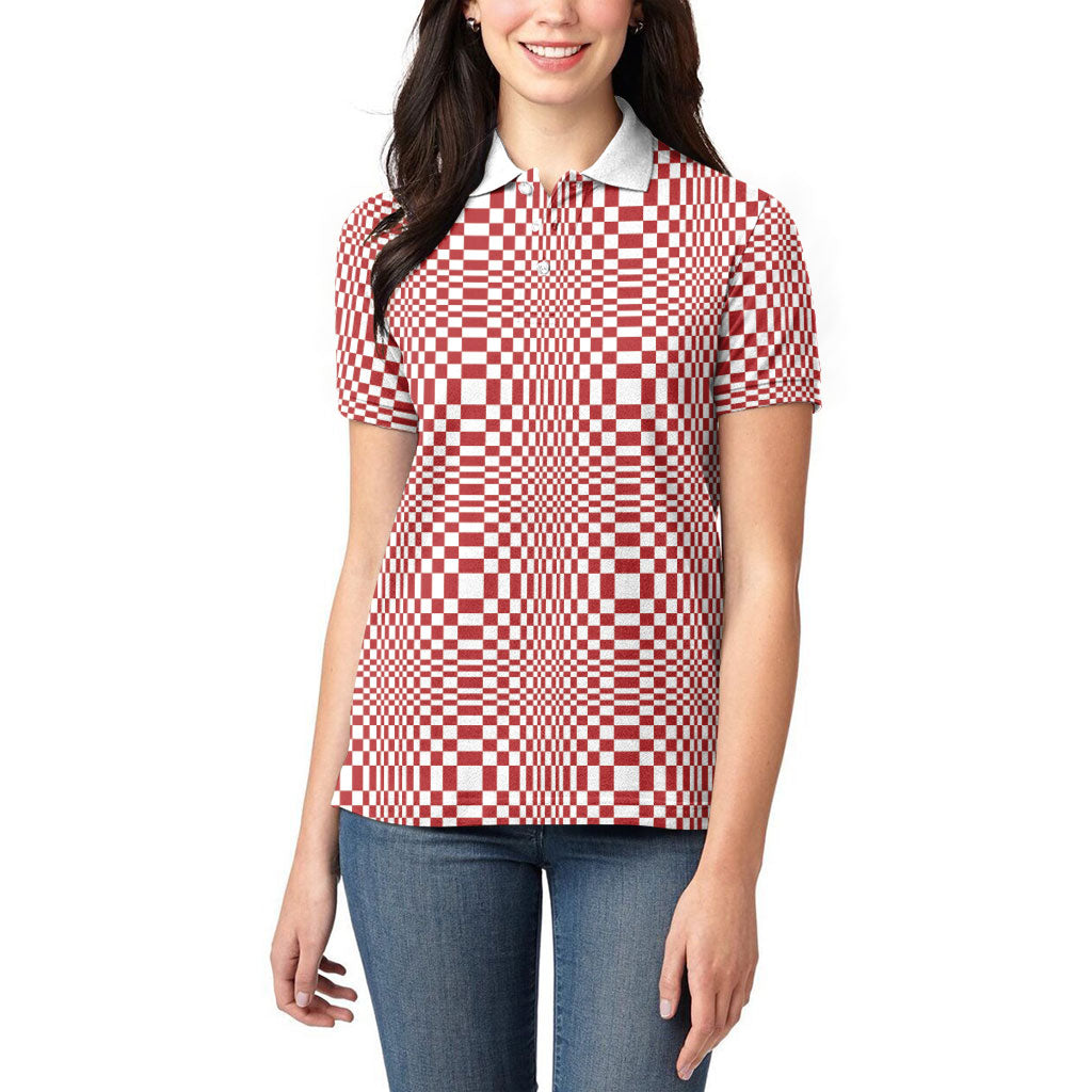 Red White Filipino Binakol Motifs Women Polo Shirt Mabuhay Philippines Festival Kusikus Pattern