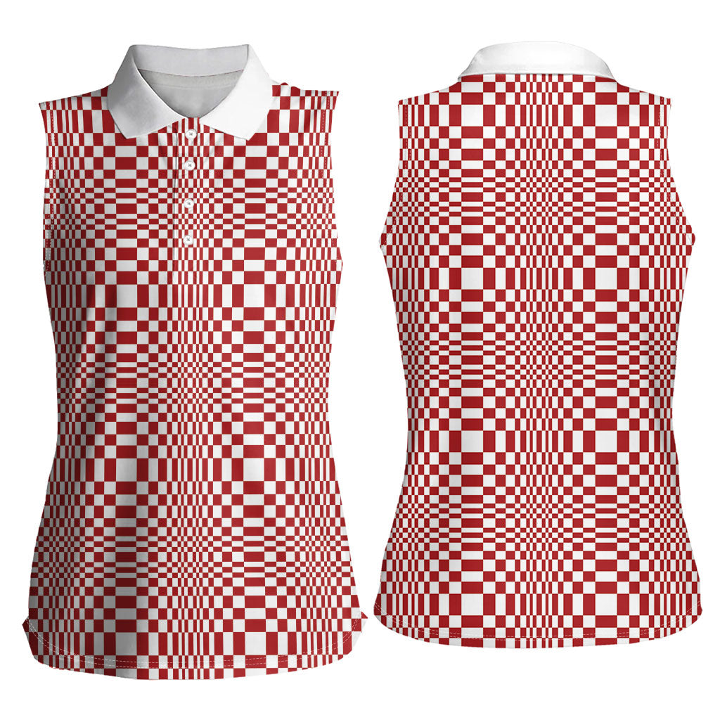 Red White Filipino Binakol Motifs Women Sleeveless Polo Shirt Mabuhay Philippines Festival Kusikus Pattern