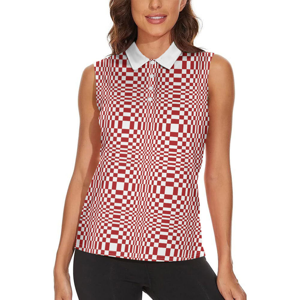 Red White Filipino Binakol Motifs Women Sleeveless Polo Shirt Mabuhay Philippines Festival Kusikus Pattern
