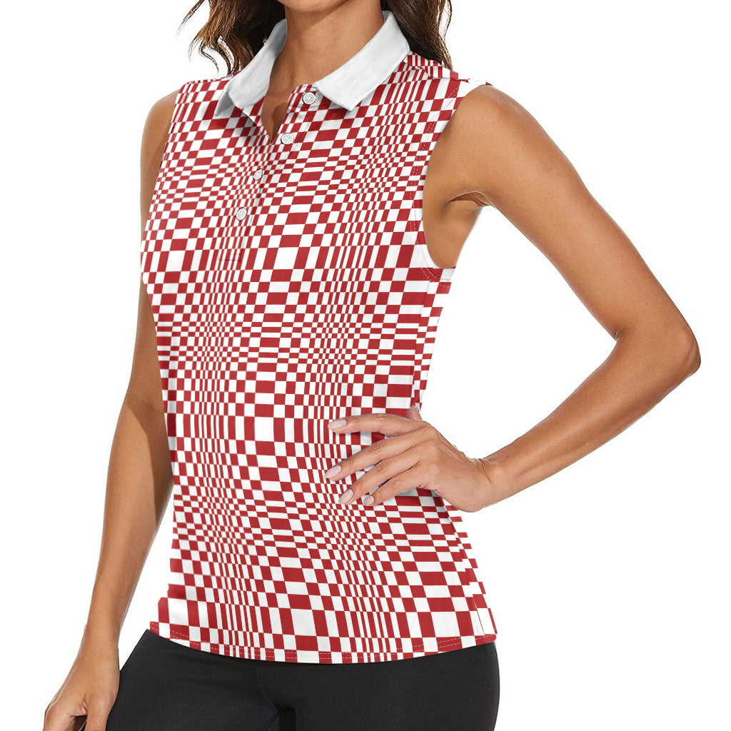 Red White Filipino Binakol Motifs Women Sleeveless Polo Shirt Mabuhay Philippines Festival Kusikus Pattern